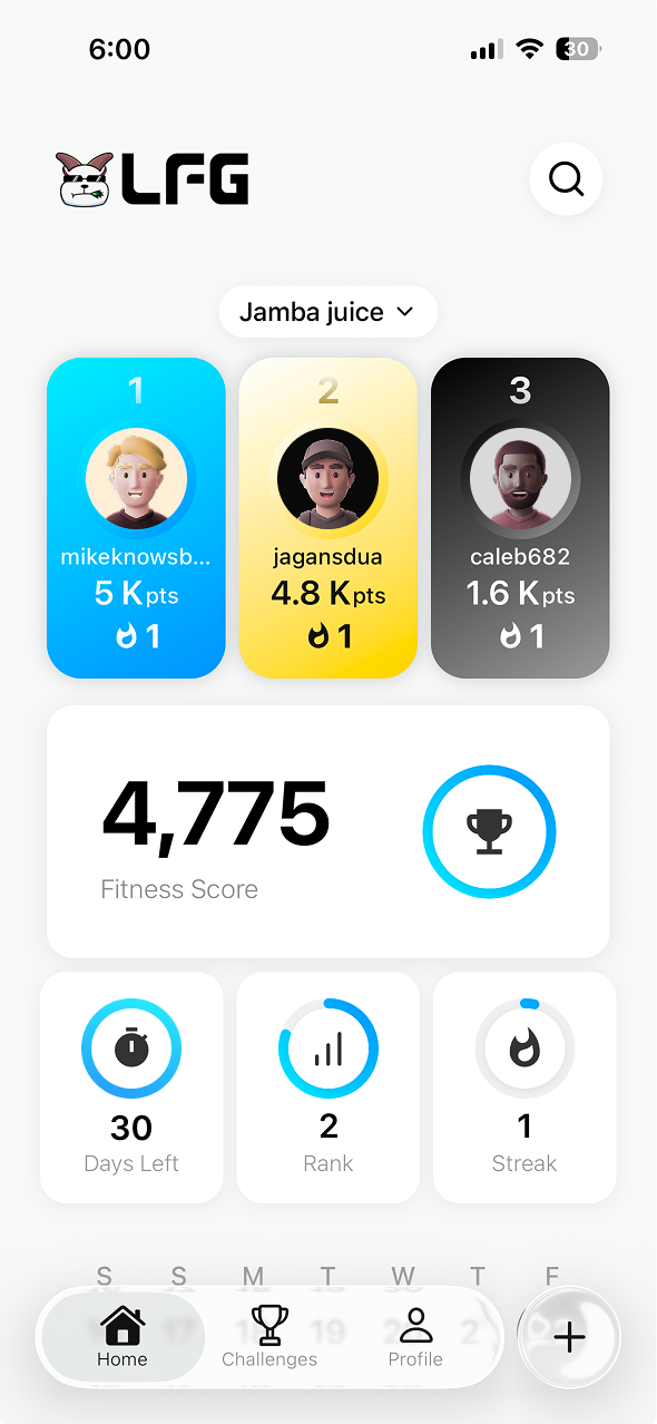 LFG challenge leaderboard screen