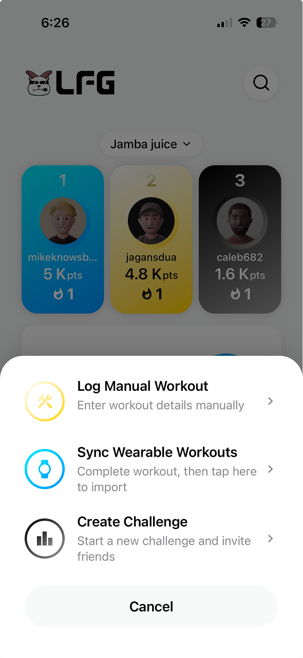 LFG workout action sheet screen